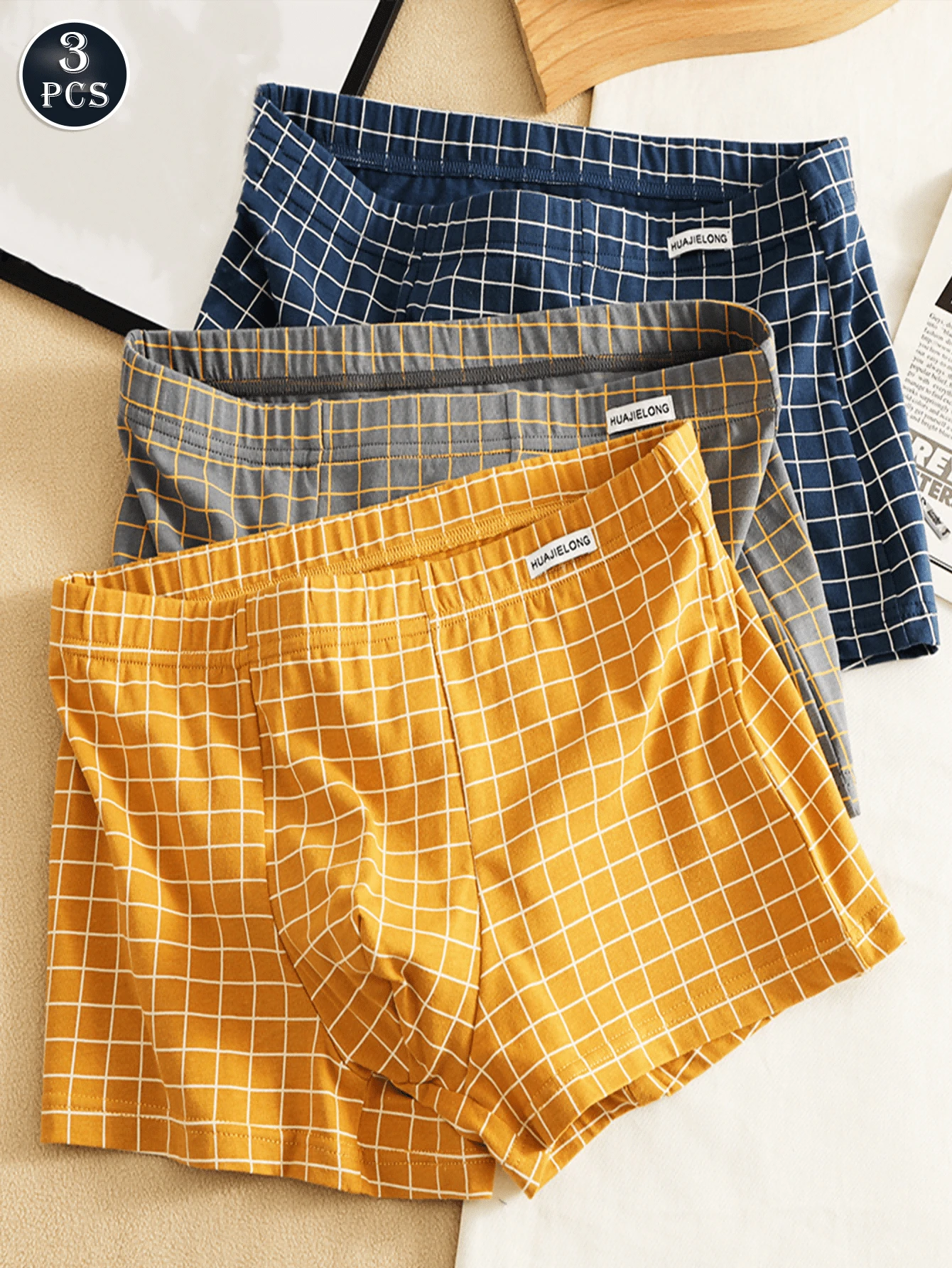 3pcs Men's Plaid Briefs, Fashion Comfortable Casual Boxer Shorts