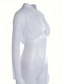 Women's Mesh See-Through Cropped Tops, Seamless Arm Shaper Compression Long Sleeve Solid Blouse - White - View 4