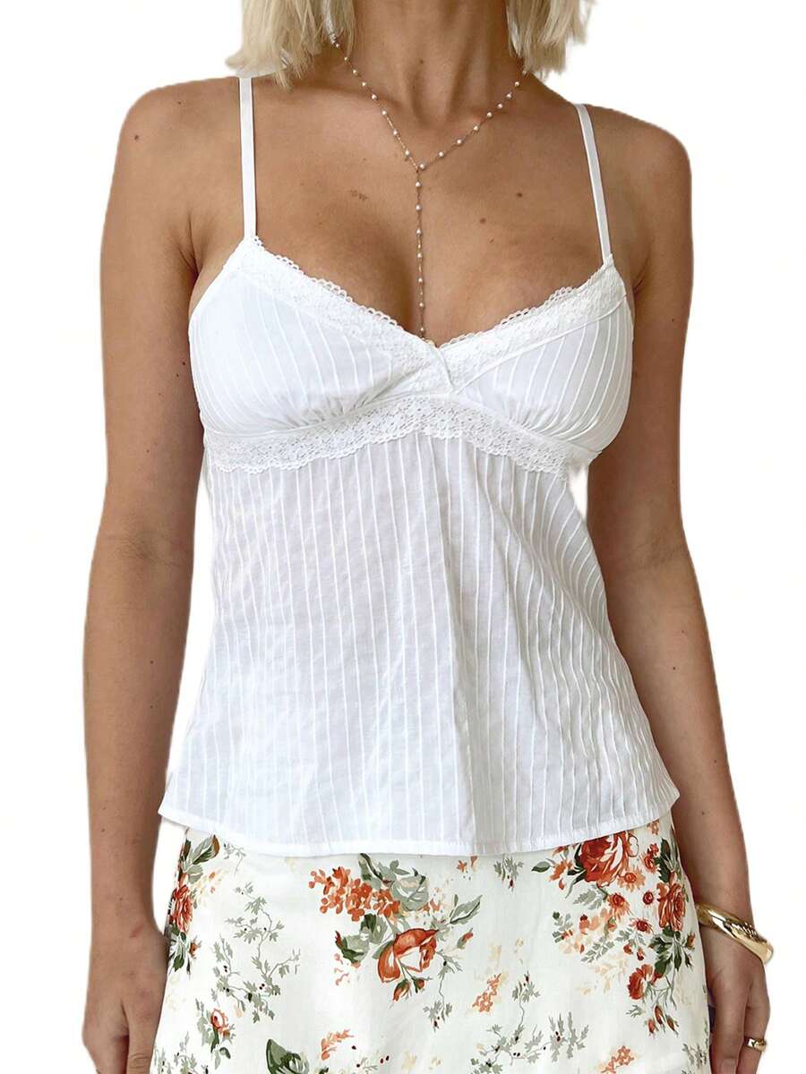 Women's V-Neck Lace Trim Camisole Spaghetti Strap Peplum Crop Tank Tops Loose Sleeveless Ruffle Hem Vest Shirts - trắng - Xem 1