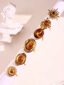 复古夸张棕色宝石椭圆形戒指，时尚不对称几何开口可调节不锈钢戒指，女士魅力珠宝礼物 - 多色 - 查看 1