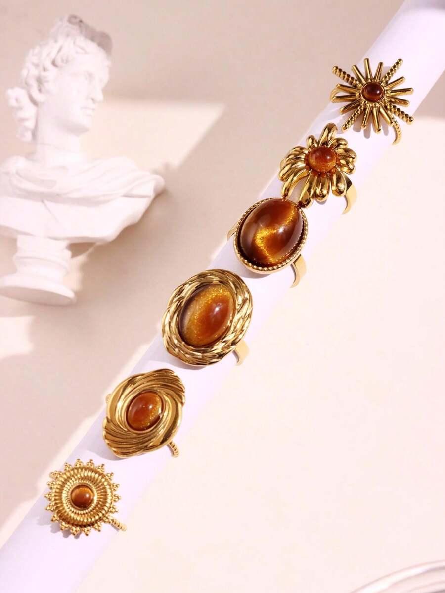 复古夸张棕色宝石椭圆形戒指，时尚不对称几何开口可调节不锈钢戒指，女士魅力珠宝礼物 - 多色 - 查看 1