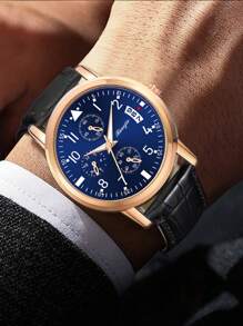 高端时尚商务手表，蓝色表盘，真皮表带