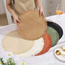 1 pezzo Sottopiatto rotondo intrecciato, tovaglietta in carta con nappe, sottopiatto antiscivolo fatto a mano resistente al calore, tappetino per tazze da tè, decorazione per tavolo da pranzo - Multicolore - Visualizzare 3
