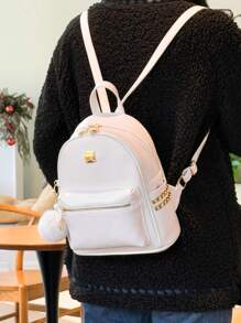 时尚迷你铆钉背包，配以毛皮绒球饰物 - 白色 - 查看 5