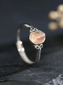 100% 天然石榴石 / 太阳石 / 托帕石女士戒指 925 纯银宝石戒指时尚可调节结婚戒指周年纪念珠宝新年情人节礼物 - 花葉 - 查看 6