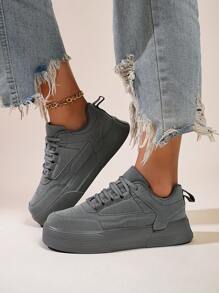 Deportivas de plataforma con cordones y encaje gris estilo sencillo para mujer, calzado deportivo unisex ligero y cómodo para uso casual/diario, nuevo lanzamiento 2025