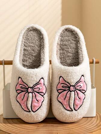 Pink Cute Bow Embroidered Flat Slip-On Indoor Casual House Slippers For Women