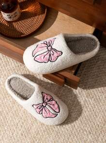 粉色可爱蝴蝶结刺绣平底一脚蹬室内休闲女式家居拖鞋 - 淺粉色 - 查看 3