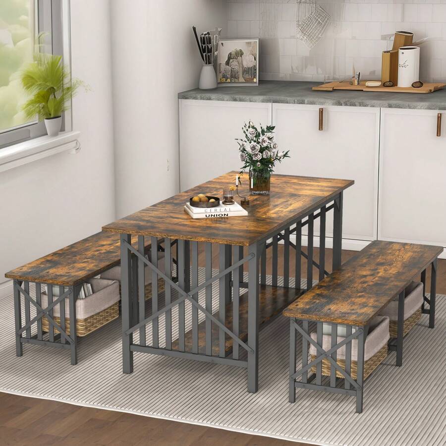 Rustic Brown 63Inch Wooden Large Dining Table With 2 Benches, 3-Piece Kitchen Table Dinette Set For Breakfast, Gathering, Kitchen