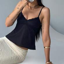 Women's V-Neck Lace Trim Camisole Spaghetti Strap Peplum Crop Tank Tops Loose Sleeveless Ruffle Hem Vest Shirts - 黑色 - 查看 4