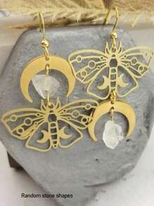 2 件波西米亚时尚铜天然石银空心新月蝴蝶吊坠耳环、派对礼物和日常服装配饰 - 彩色 - 查看 13