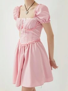 Women's Off Shoulder Layer Ruffle Dress Bow Tie Short Sleeves Corset Mini Dress Flowy Pirate Dress Fairy Costume For Beach Cocktail Party Summer Streetwear - Hồng - Xem 7
