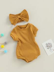 0-18M Baby Girl 2 Piece Outfits Solid Color Short Sleeve Romper With Bow Headband Set Summer Clothes - 棕色 - 查看 3