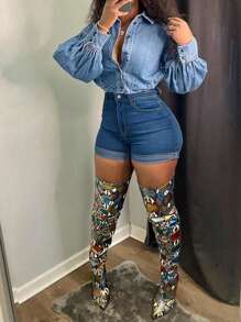 Summer All-Match Solid Color Rolled Hem Fitted Mini Denim Shorts - Rửa tối - Xem 4