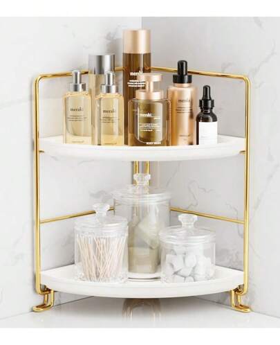 2-Tier Corner Bathroom Countertop Organizer, Kitchen Spice Rack Makeup Storage Shelf Vanity Bedroom Storage Tray (Gold)