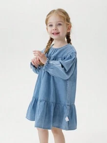 MARC&JANIE 年轻女孩宝宝甜美复古花卉荷叶边袖牛仔连衣裙，春季