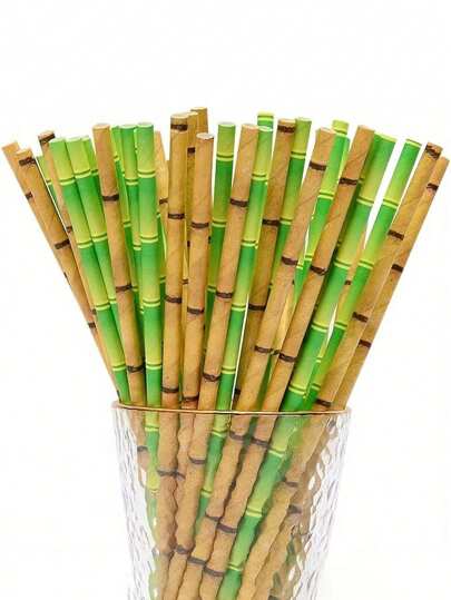 50pcs Green Bamboo Paper Straws Happy Birthday Wedding Decorative Event Party Supplies Drinking Straw, For Outdoor, Camping, Thanksgiving Day Gift, Harvest Festival, Family Dinner
