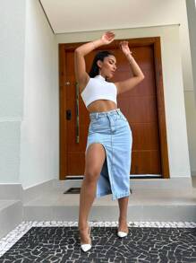 Midi Denim Skirt With Slit Women's Long Midi Skirt High Waist Slit Design One-Sided Thigh Split - 淺色水洗藍 - 查看 2