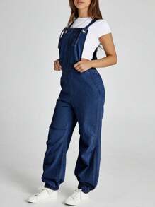 Mono vaquero holgado de pierna ancha con bolsillos para mujer de Larisa - Azul Marino - Ver 1