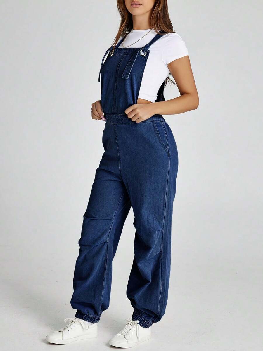 Mono vaquero holgado de pierna ancha con bolsillos para mujer de Larisa - Azul Marino - Ver 1