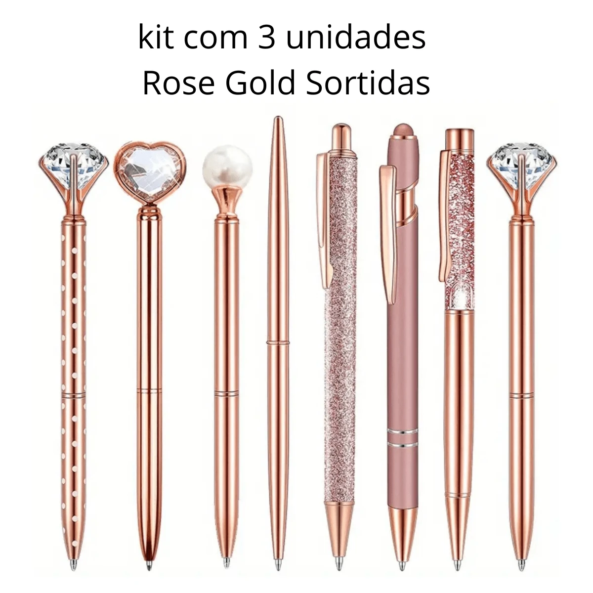 Kit 3pcs Luxury Glitter And Rhinestone Ballpoint Pens, Crystals, Assorted, Rose Gold, Silver, Black, Colorful With Ink Refill Replacement, Stationery For Wedding/Office, Back To School - Rose Gold - View 1