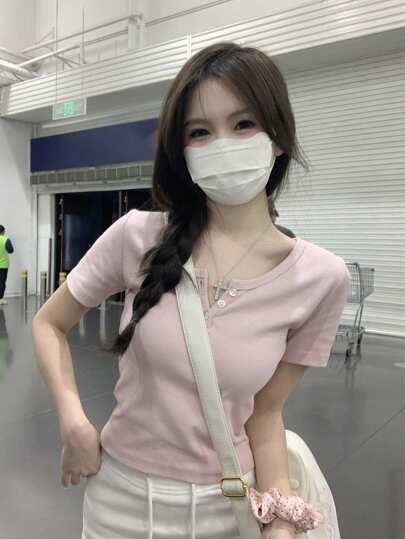 夏季韩版优雅纽扣设计简约休闲短袖T恤女