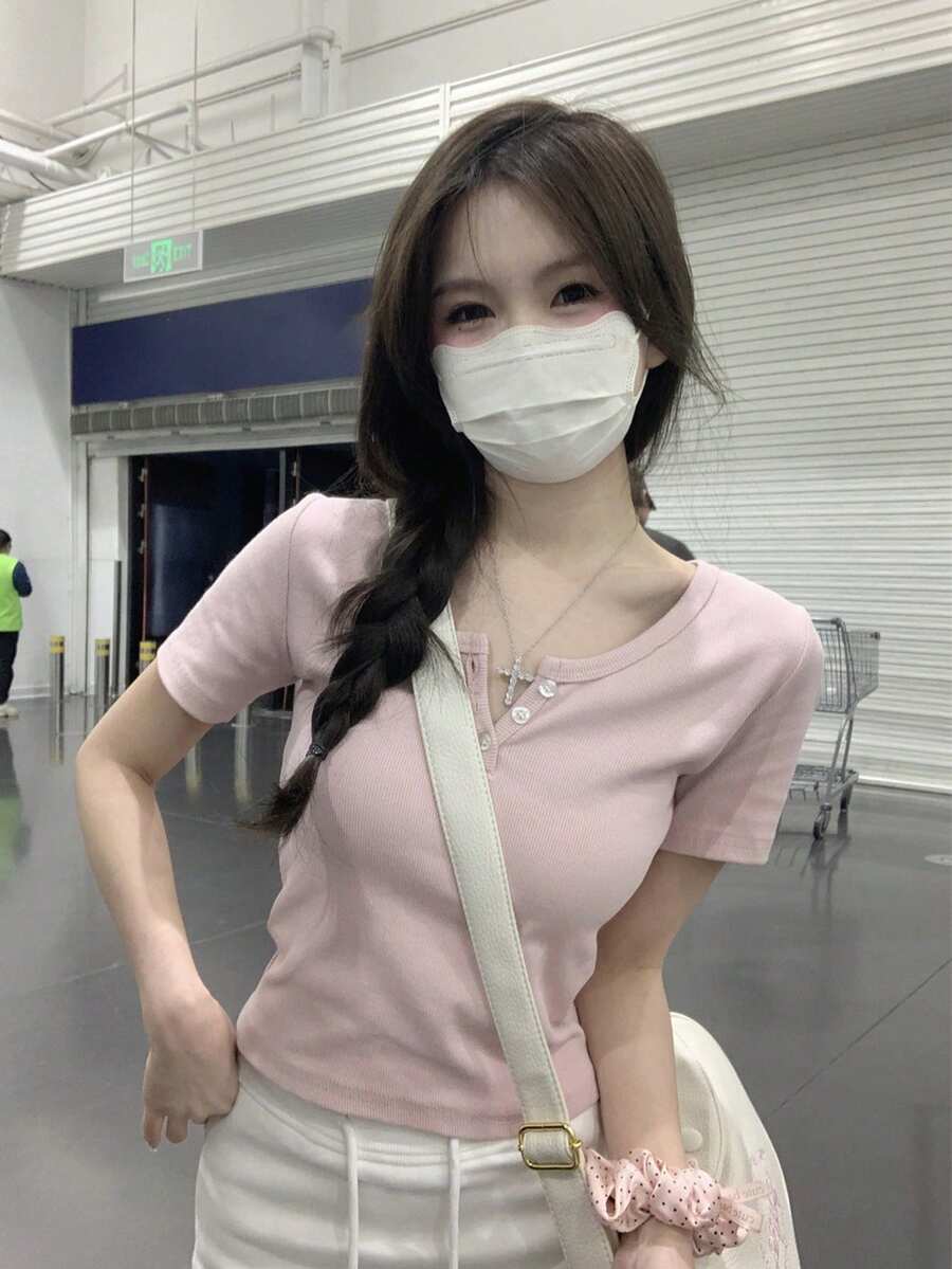 夏季韩版优雅纽扣设计简约休闲短袖T恤女 - 粉色 - 查看 1