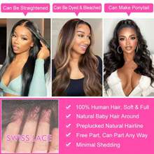 4x4 蕾丝闭合假发 人发波浪透明蕾丝前部假发 女士 180 密度蕾丝闭合假发 预拔婴儿头发 柔软光滑 自然黑色 - 黑色 - 查看 7