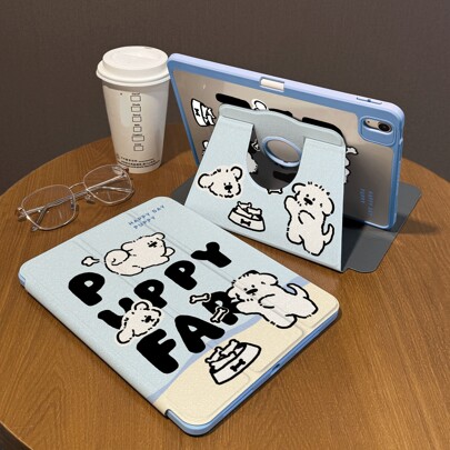 1 Piece, Pen Slot + 720° Rotating Apple Tablet Protective Case Pro 2024 13 Inch/5th /6th/ 7th /Pro 11 Inch 1st 2nd /Air6 2024 4th 5th Gen/8th /9th Gen/10th Generation LOGO Hole Anti-Drop And Shockproof, PU Leather, Automatic Wake-Up/Sleep, Cartoon Loving English Puppy Pattern, Acrylic Hard Back Panel, Silicone Soft Edge Design, With Support Slot IPad Protective Case Couple Shell Valentine's Day Gift