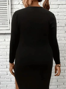 Women Plus Size Solid Color Long Sleeve Fitted Minimalist Dress, Fashionable - Black - View 3