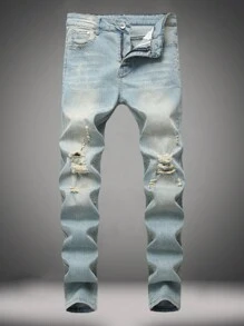 男士破洞牛仔裤，复古修身弹力裤，韩版个性街头设计，emo风格 - 中等水洗藍 - 查看 1