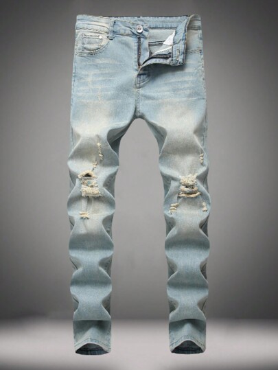 Men's Distressed Denim Jeans, Vintage Slim Fit Stretch Pants, Korean Style Personalized Street Design, Emo Style