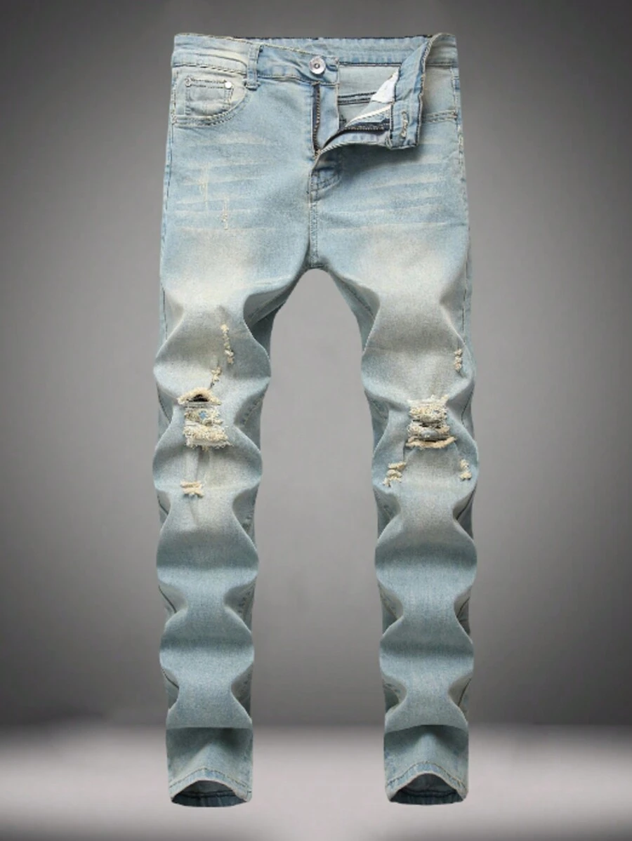 男士破洞牛仔裤，复古修身弹力裤，韩版个性街头设计，emo风格 - 中等水洗藍 - 查看 1