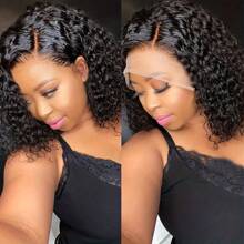 200 Density 16 Inch Curly Short Bob Lace Front Human Hair Wigs For Women Depp Wave 13x4 HD Transparent Brazilian Lace Frontal Wig Closure Swiss Lace Wig Water Wave Pre Plucked,99J,4/27,613,27#,4# - Natural Black - 查看 3