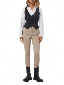 Female Waistcoat, Solid Color/ Striped V-Neck Sleeveless Tops Blouse Vest For Summer, S/M/L/XL/XXL - Khaki - View 1