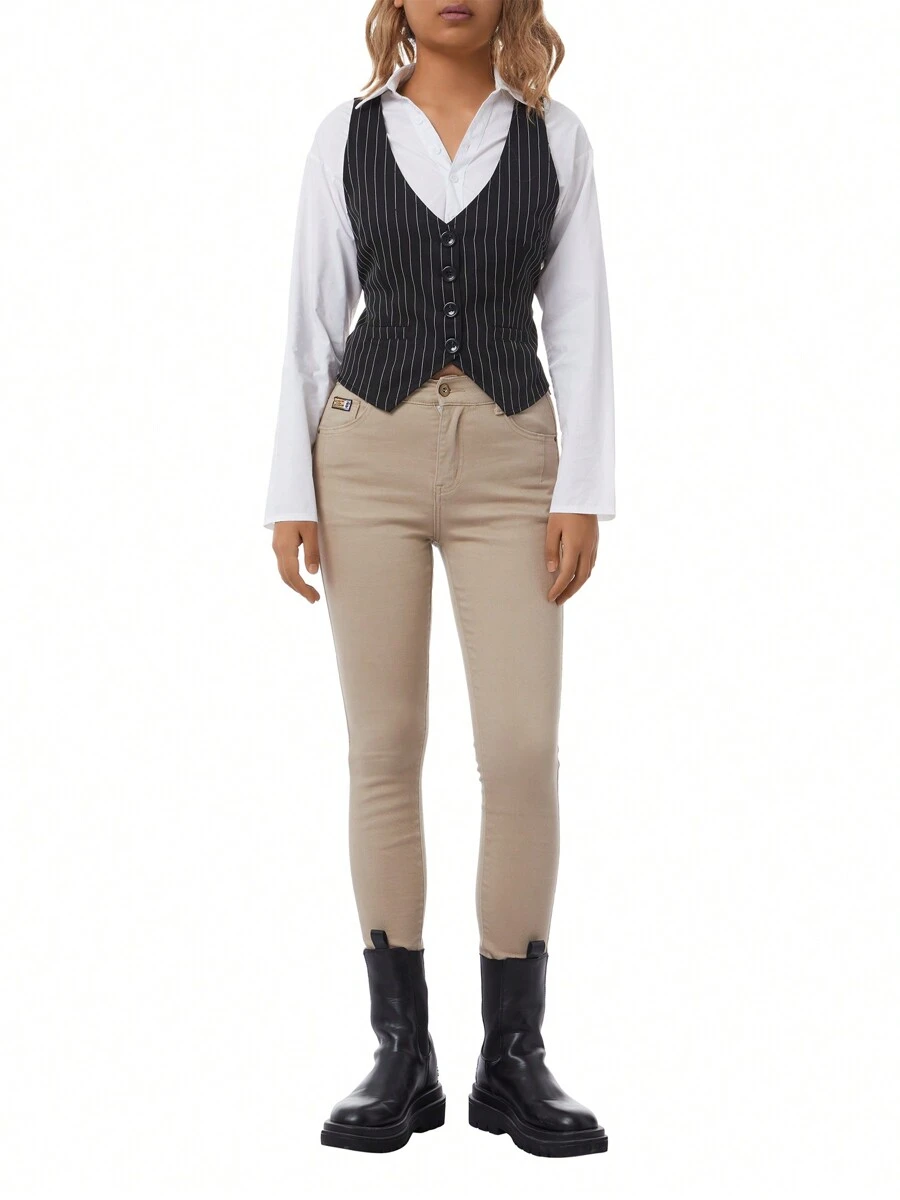 Female Waistcoat, Solid Color/ Striped V-Neck Sleeveless Tops Blouse Vest For Summer, S/M/L/XL/XXL - Khaki - View 1