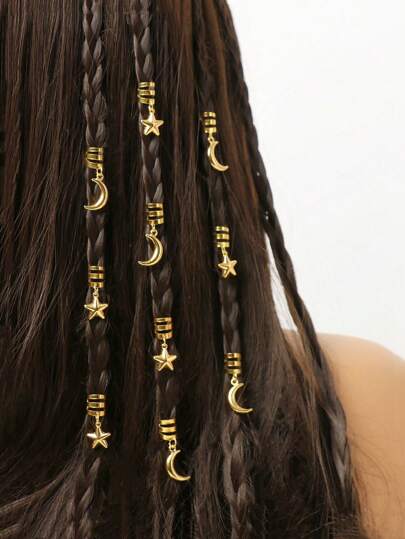 10pcs 3D Star & Moon Boho Braided Hair Clips, Cute Hip Hop Hair Decorations, Ramadan Gift, Party Hair Accessories