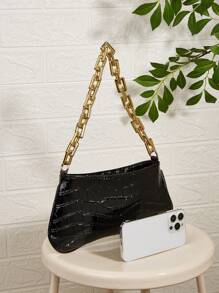 Snake Skin Acrylic Gold Chain Decor Shoulder Underarm Baguette Bag - Black - View 4