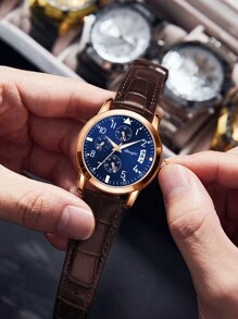 高端时尚商务手表，蓝色表盘，真皮表带