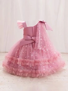 H HIBOBI فستان حفلة عيد ميلاد بنات رقيق غير متماثل الأكمام مزين بالكشكشة والشريط