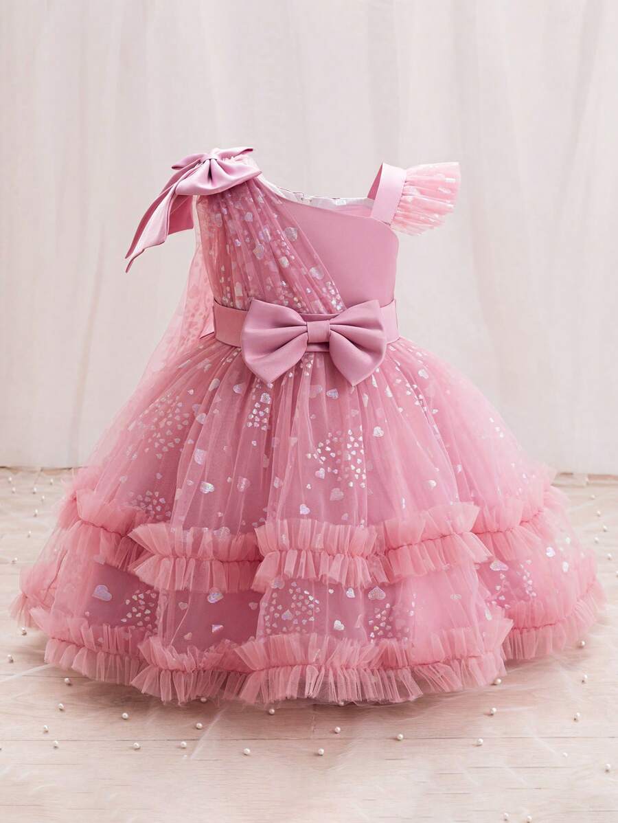 H HIBOBI فستان حفلة عيد ميلاد بنات رقيق غير متماثل الأكمام مزين بالكشكشة والشريط