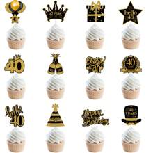 12 件 18/21/30/40/50/60/70/80 岁黑金生日派对纸杯蛋糕装饰精选，生日快乐纸杯蛋糕装饰生日派对装饰用品 - 黑金 - 查看 5