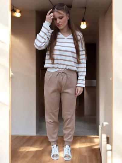 EverlyX Beige And White Striped Jersey Knit Set And Jogger Pants - Women's Fashion - Winter 2025 - Shipping From Spain In 24/48 Hours