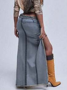 Chân váy denim kiểu vintage Y2K với gấu váy bất đối xứng, rách tua rua, gợi cảm, thích hợp cho các lễ hội âm nhạc, phong cách thường ngày mùa xuân. - xanh đậm - Xem 5