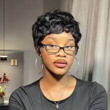 Peluca corta con corte pixie ondas sueltas y rizos elegantes para mujer, cabello humano brasileño con rizos sueltos, peluca pixie con corte completo fabricada a máquina, peluca sin pegamento de 6 pulgadas - Negro - Ver 4