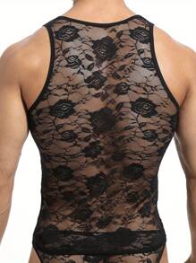 Men's Sheer Mesh Tank Tops Lace Sleeveless Round Neck Slim Vest Undershirt Streetwear - 黑色 - 查看 6