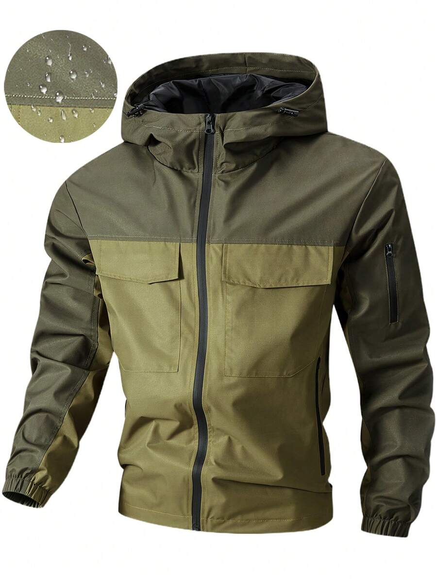 Veste à capuche pour hommes avec poches utilitaires de couleur contrastante, printemps/automne - Vert - Voir 1