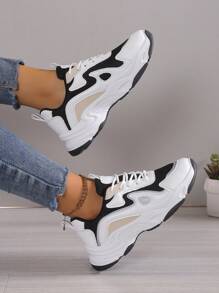 2025 Autumn Sneakers For Women New Round Toe Lace-Up Patchwork Color Block Fashionable Sport Shoes For Women, Thick Soles - Beige - View 4