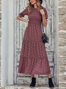 Women Casual Summer Crew Neck Ruffle Short Sleeve Floral Print Polka Dots Smocked Dress Button Keyhole Back Spring Boho Bohemia Tropical Flowy Beach Holiday Vacation Valentine Long Maxi Dress - Burgundy - View 1
