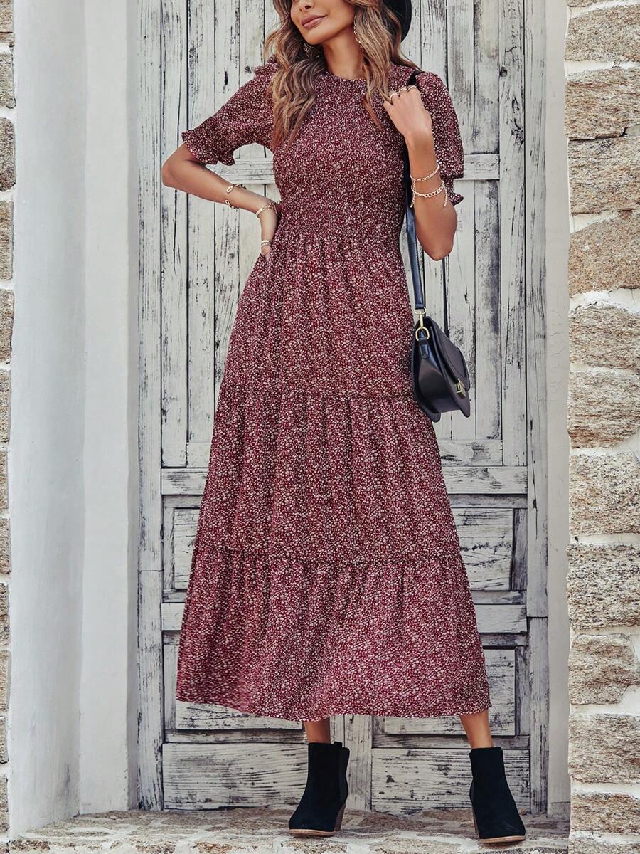 Women Casual Summer Crew Neck Ruffle Short Sleeve Floral Print Polka Dots Smocked Dress Button Keyhole Back Spring Boho Bohemia Tropical Flowy Beach Holiday Vacation Valentine Long Maxi Dress - Burgundy - View 1